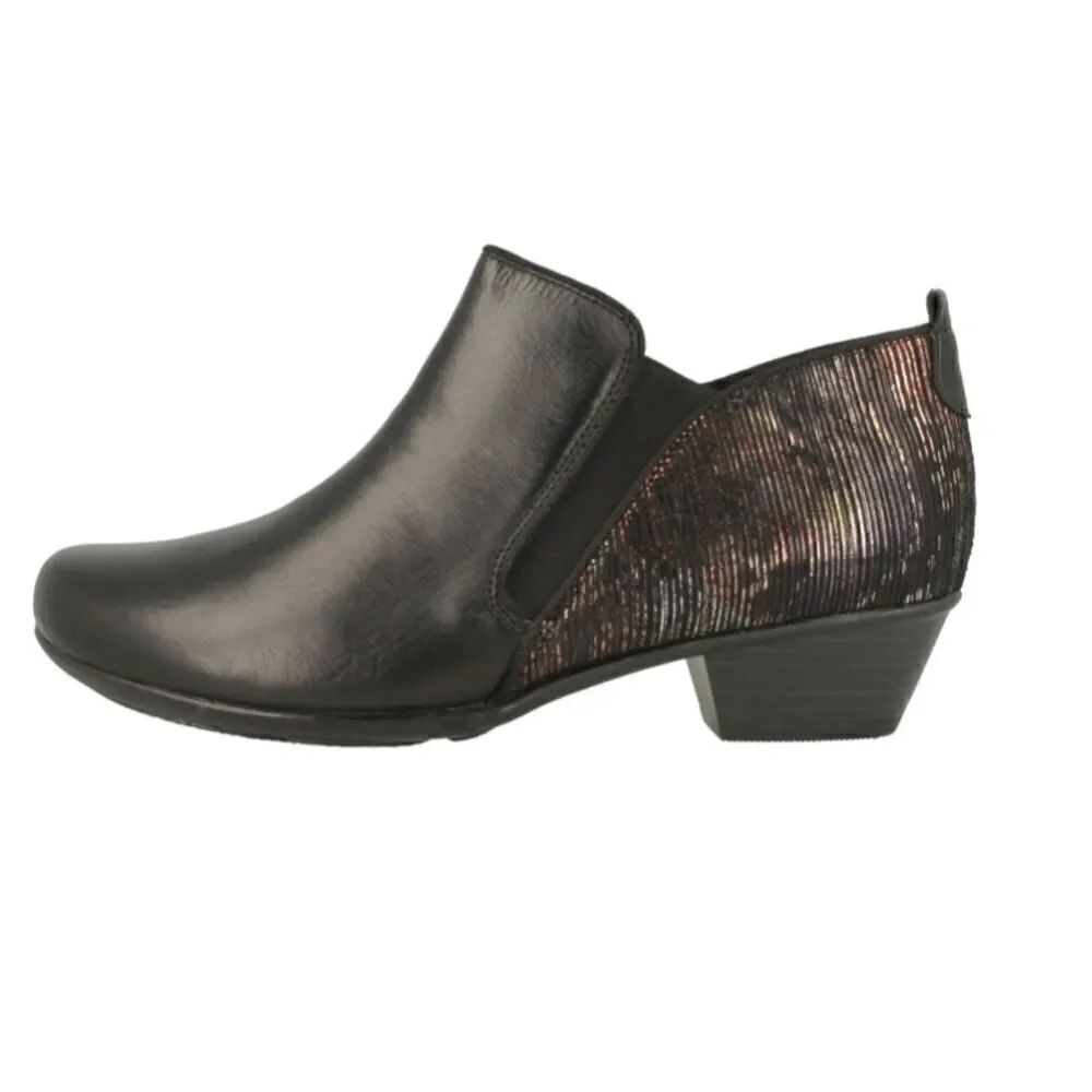 Remonte Black Leather Metallic Irridescent Heel LowโHeelโZipperโAnkleโBoots